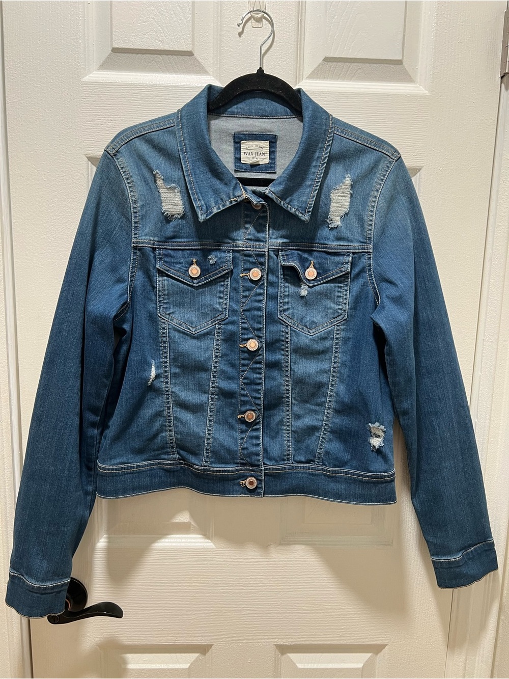 Wax Jean Distressed Medium Wash Denim Jacket 1XL Stretch Outerwear
